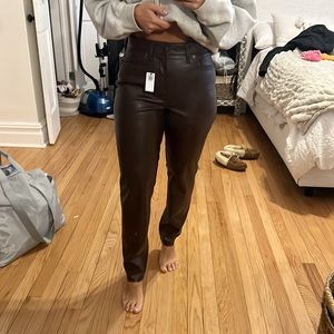 Brown vegan leather pants, high rise, straight leg
